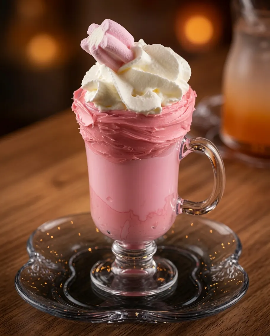 Delícia Rosa na caneca de vidro, com chantilly e marshmallow de coração