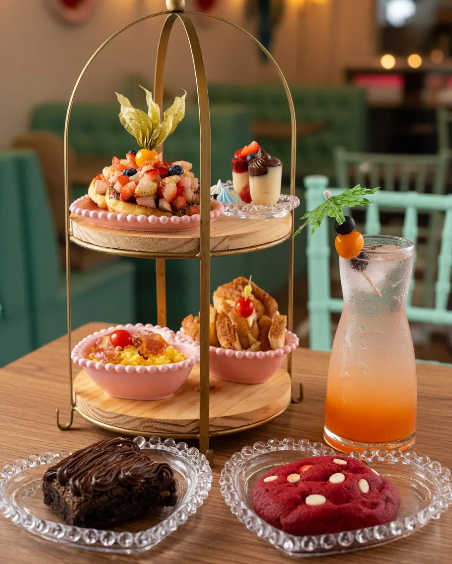Mesa com a torre de brunch, brownie, cookie red velvet e soda italiana