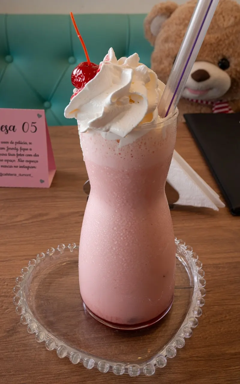 Milk-shake de morango com o ursinho no sofá turquesa