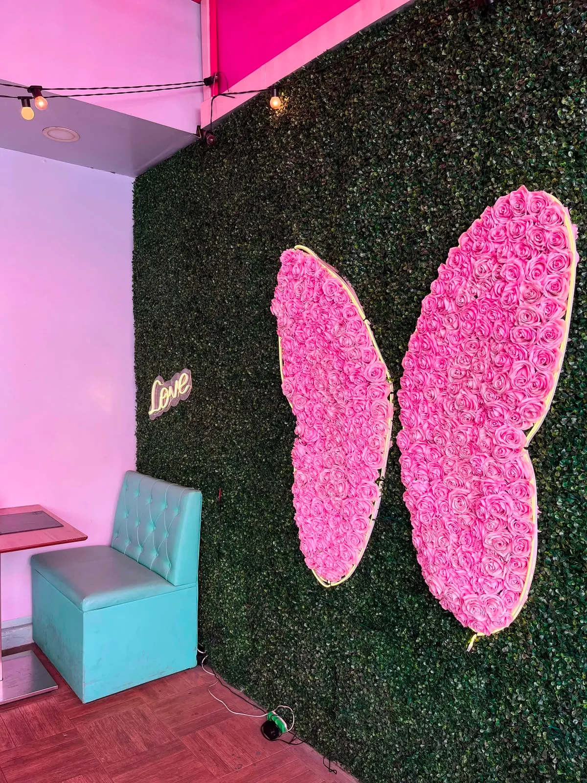 Parede de plantas com a grande borboleta de rosas e o neon Love