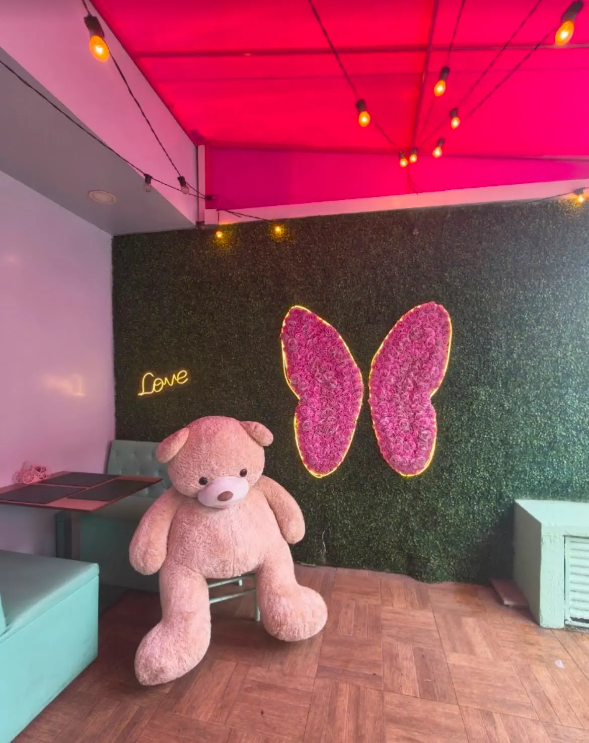 Varanda com o toldo rosa, a borboleta de rosas e o ursão